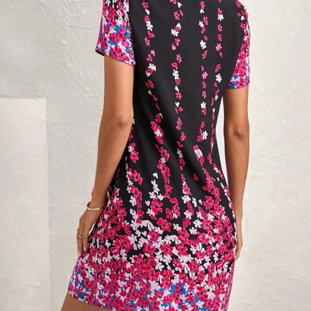 New Boho Floral Print Black Pink White Blue V Neck Short Sleeve Mini Tunic Dress - Picture 11 of 13